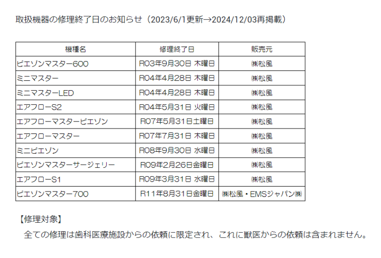 取扱機器の修理終了日のお知らせimage